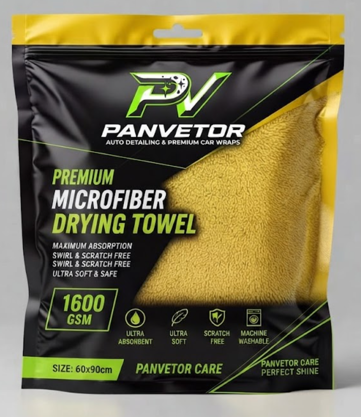 Black and yellow Panvetor microfiber drying towel retail pouch