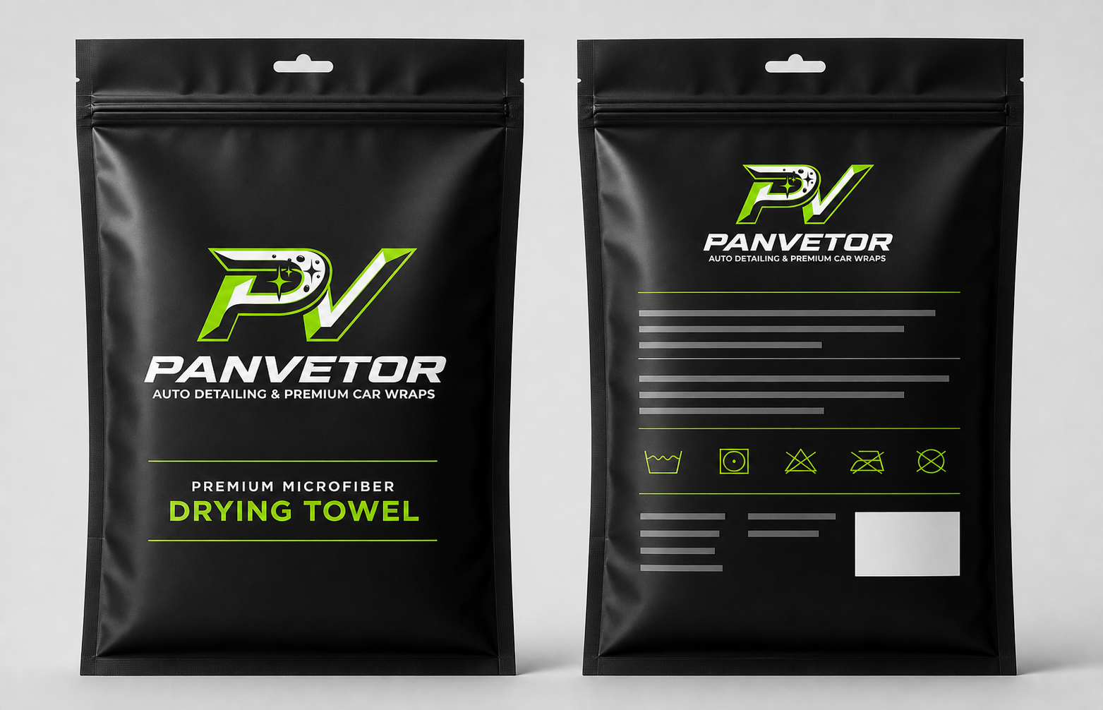 Front and back views of black Panvetor microfiber towel pouches