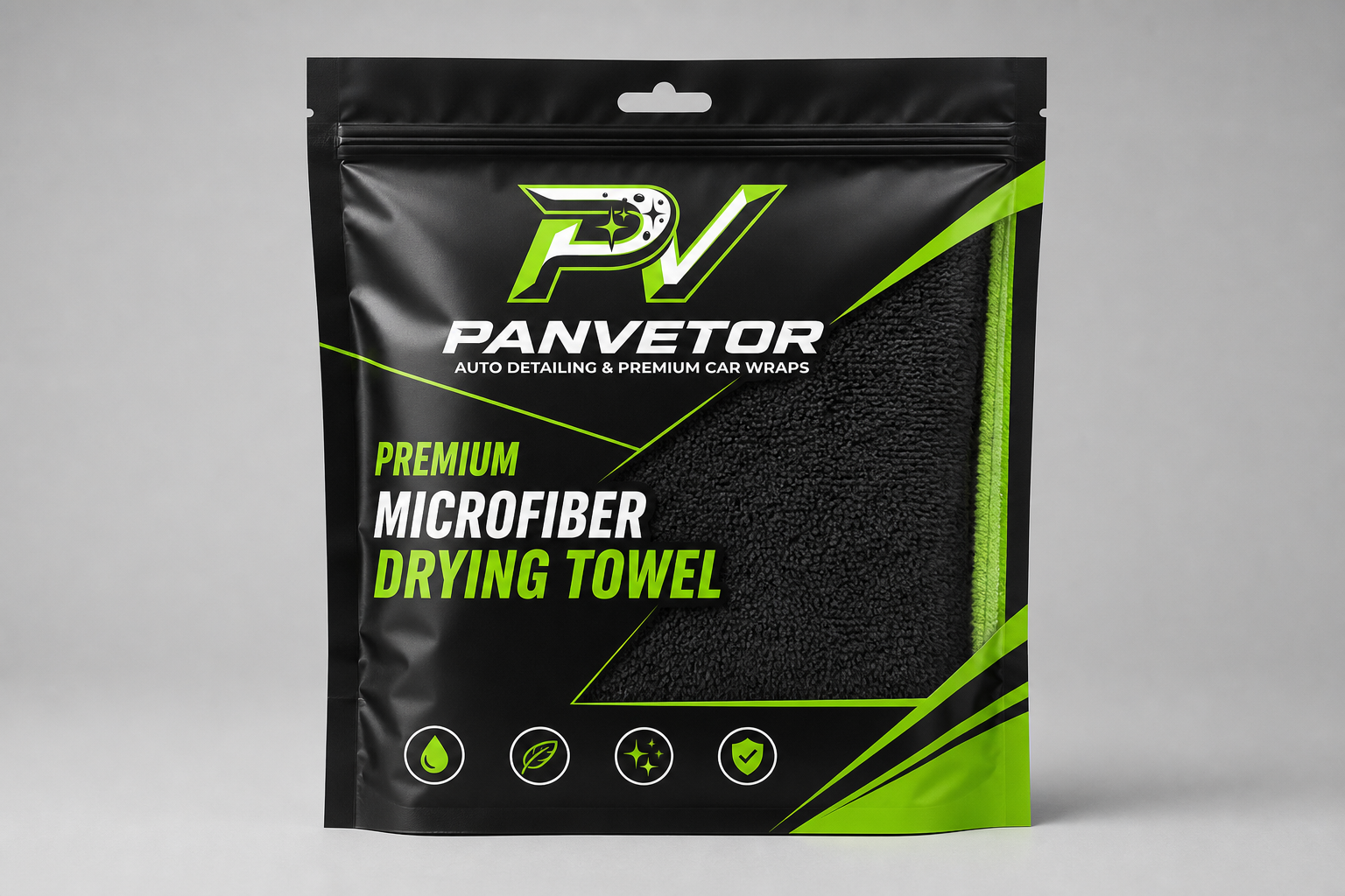 Black and green Panvetor retail pouch with microfiber towel window
